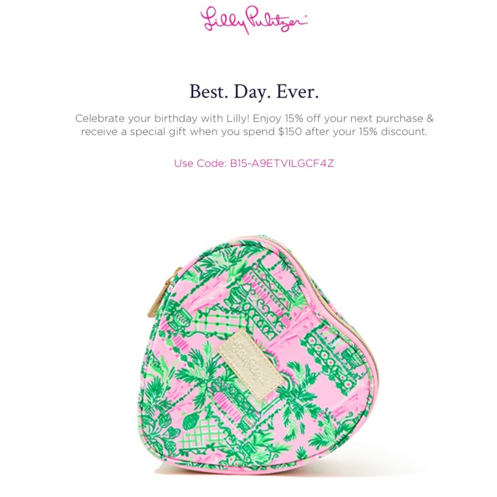 **FREE** (2) Lilly Pulitzer 15% off coupons & GWP heart cosmetic bag with $150+